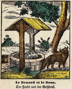 Bajky de La Fontaine: liška a dobro. Obrázek Epinal, první polovina 19. století od French School