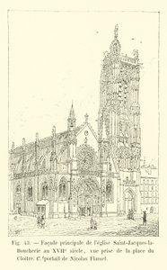 Hlavní průčelí kostela Saint-Jacques-la-Boucherie v 17. století, pohled z Place du Cloitre, portál od Nicolase Flamela od French School