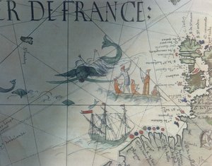 Faksimile velrybářství a Isle of Saint Brandon, detail z portolánové mapy od Pierra Descelierse, 1546, publikované v Monuments de la Geographie od Edme Francoise Jomarda (1777-1862)