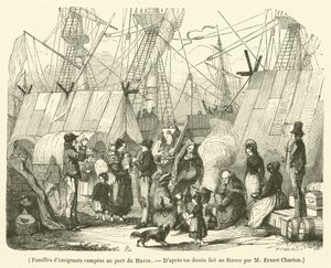 Emigrantské rodiny tábořící v přístavu Le Havre (rytina) od French School