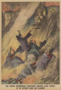 Fanatičtí buddhističtí mniši pálí svůj chrám a vrhají se do plamenů na ostrově Formosa (barva litho) od French School