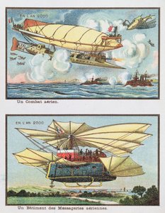 Fantasy zobrazení letecké bitvy a letadla pro přepravu nákladu v roce 2000, kolem roku 1910 od French School