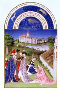 Dubnový faksimile: dvorní postavy v zámeckém areálu od bratří Limbourgů, z Tres Riches Heures du Duc de Berry (originál viz 8436) od French School