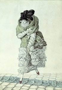 Módní štítek zobrazující dámu překračující kanalizační potok, 1811 (barevná rytina) od French School