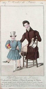 Módní deska zobrazující oblečení pro otce a jeho syna, reklama na „Petit Courrier des Dames“ od French School