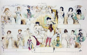 Módní talíř pro La Vie Parisienne s vyobrazením korzetů, kolem roku 1870 (barevná rytina) od French School