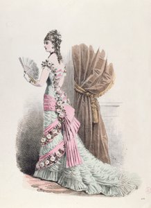 Módní talíř ženy ve večerních šatech a s vějířem, 1877 (barevná rytina) od French School
