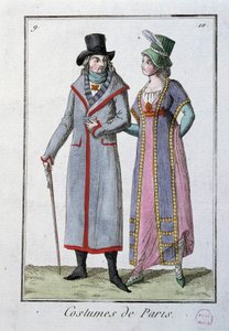 Móda pod vedením: pár elegantních Pařížanů. Anonymní litografie z roku 1795. Paříž, muzeum kostýmů od French School