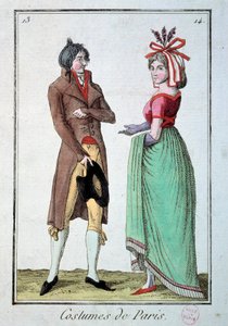 Móda pod adresářem: pár elegantních, žena nosí klobouk u zahradníka. Rytina z roku 1795. Paříž, muzeum kostýmů od French School