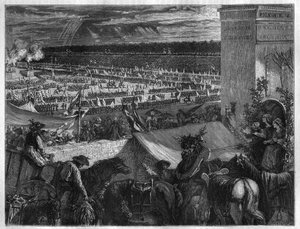 Svátek Federace na Champ de Mars v Paříži k prvnímu výročí dobytí Bastily dne 14. července 1790. Rytina v „Histoire des Papes-Rois-Queen and Empereurs a travers les century“ od Maurice Lachatre od French School