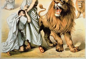 Krmení lvů (barevná litografie) od French School