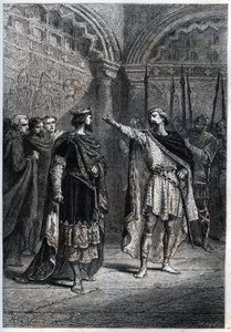 Feodní režim: „Kdo tě udělal králem? “” : Audebert (Adalbert), hrabě z Perigordu (968-995), drze odpovídá králi Hugues Capetovi (938-996), který se ho zeptal, kdo ho přiměl počítat - Gravírování pneumatiky „Histoire de France“ od Guizota od French School