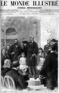 Ferdinand de Lesseps je obklopen svou rodinou a společníky a vypráví o své cestě do Panamy v Salle de la Sorbonne. Obálka „Ilustrativního světa“ z roku 1880. od French School