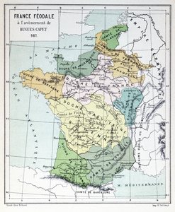 Feudální Francie v době přistoupení Hugues Capet v roce 987, mapa ilustrovaná v Histoire de France c.1880