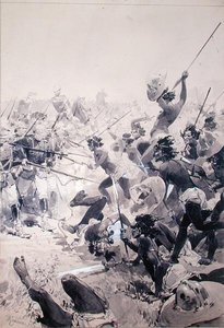 Boj mezi Zuly a anglickými vojáky, kolem roku 1878 (akvarel na papíře) od French School