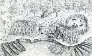 Boj o Hurons, z Voyage de Champlain v roce 1624 od Samuela de Champlain, 1567-1635 od French School