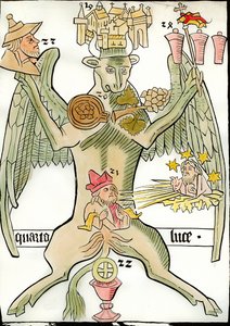 Postava symbolizující evangelistu svatého Lukáše: býk se spojuje s městem Jericho (neboli Jeruzalém), hrozen, prorok, zjevuje se Kristus posledního soudu s hvězdami a paprsky slunce, portrét Žida, kalich . Rytina z „Ars od French School