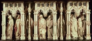 Figury mnichů z hrobky Filipa Smělého, burgundského vévody (1342-1404), jejichž autory jsou Jean de Marville (zemř. 1389), Claus Sluter (zemř. 14056) a Claus de Werve (asi 1380-1439), objednané pro klášter o. od French School