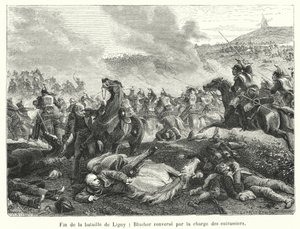Konec bitvy u Ligny, Blucher svržen útokem kyrysníků (rytina) od French School