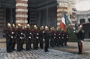 Hasiči z Paříže. Pozdravte vlajku. v ""Scéna vojenského alba života vojáka, pařížských hasičů"" 1892. od French School
