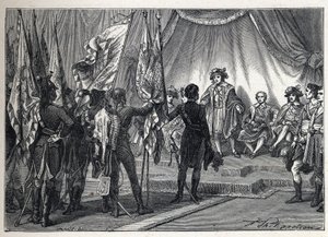 První koalice: Joachim Murat (1767-1815) předkládá výkonné radě vlajky dobyté francouzskou armádou, které velel Napoleon Bonaparte, během italského tažení. Rytina z roku 1889. Soukromá sbírka. od French School