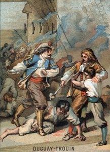 První čin René Duguay Trouin (Duguay-Trouin) (Rene Trouin du Gue dit) (1673-1736), francouzský námořník: Duguay - Trouin bojovník Wassenaer (1695). Chromolitografie řady „Vlastenecká výchova obrazem“. od French School