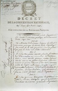 První stránka tajemství Národního konventu z 27.7.1793 o zřízení Palais du Louvre jako muzea od French School
