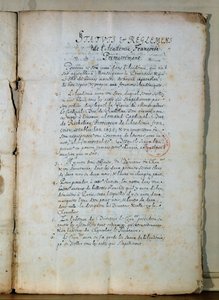 První strana stanov Francouzské akademie, 1635 (inkoust na papíře) (viz také 179947) od French School