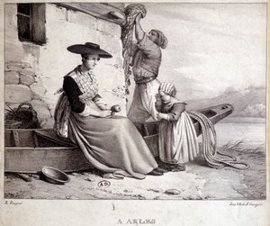 Rybář, jeho žena v regionálním kroji a jejich dítě v Arles od French School