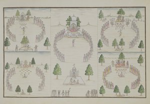 Pět hinduistických kultů: Shiva, Krishna, Vishnu, Brahma a Mother Goddess z The Gentil Album, vydaného v roce 1774 od French School