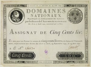 Bankovka pěti set livres, 19. června 1791 od French School