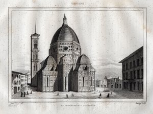 Florentská katedrála - Pohled na florentskou katedrálu (Duomo Santa Maria del Fiore). Kopuli vyrobil Filippo Brunelleschi kolem roku 1420-1436, Florencie, Itálie – rytina z „“Itálie malebné““ – Historická a popisná tabulka Itálie“ od M. de od French School