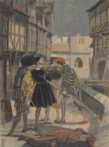 Florentský zlatník a sochař Benvenuto Cellini obklopený a ohrožovaný skupinou mužů (barevná litografie) od French School