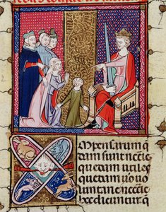 Fol.11v Dítě a její matka vystupující před soudce, z Justiniani ve Fortiatu od French School