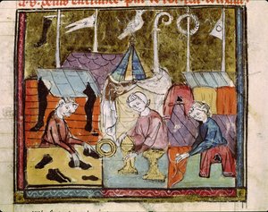 Fol.122v Merchants at Lendit Fair poblíž St. Denis, z Grandes Chroniques de France, 1375-79 od French School