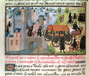 Fol.305v Jak Alexandr Veliký (356-323 př.nl) zemřel a byl pohřben, z rukopisu Jeana Vauquelina, z Histoire du Grand Alexandre, 1460 od French School