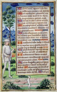 Fol.50v Stránka textu s detailem ohraničení hudebníka tančícího svého psa, z 