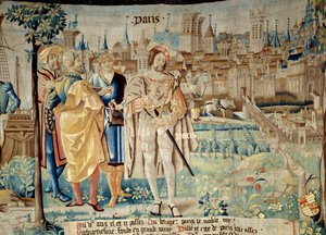 Fondation de la ville de Paris. Král František I. (1494-1547) se rozhodl založit své stálé hlavní město v Paříži, když se v roce 1527 vrátil ze zajetí. Tapiserie „Báječná historie Gaules““ z dílny Arras. 1530 Beauvais, odd od French School