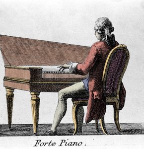 Hráč na klavír Forte. Rytina z konce 18. století. od French School
