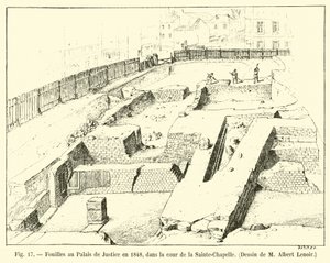 Vykopávky v Palais de Justice v roce 1848, na nádvoří Sainte-Chapelle, kresba M Albert Lenoir od French School