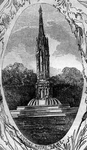 Fontána Paříže: pohled na Fontánu Panny Marie (Fontána Notre Dame) (cca 1845). Rytina v „“ Le Monde Illustré““ č. 254 z 22. února od French School