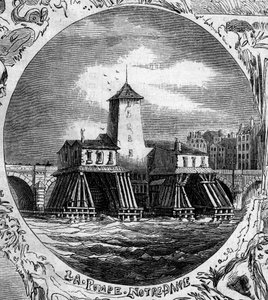Fontána Paříže: pohled na Pompe Notre Dame (1676). Toto hydraulické čerpadlo bylo zdemolováno v roce 1858. Rytina v „“ Le Monde Illustré““ č. 254 z 22. února od French School
