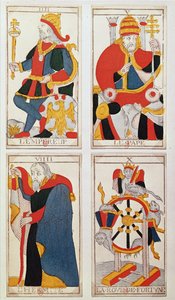 Čtyři tarotové karty s vyobrazením Císaře, Papeže, Poustevníka a Kola štěstí (kolorovaná dřevorytina) od French School