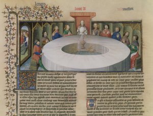 Fr.120 f.524v Rytíři kulatého stolu z Příběhu Lancelota, z La Quite de Saint Graal od French School