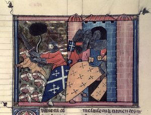 Fr 22495 fol.115r Jízdní křižáci bojující proti Saracénům kolem roku 1185, z Le Roman de Godefroi de Bouillon od French School