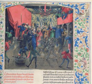 Fr 2646 f.176 Bal des Ardents, Charles byl zachráněn vévodkyní z Berry poté, co Ludvík Orleánský zapálil kostýmy tanečníků, 1392, z Froissarts Chronicle od French School