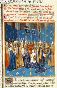 Fr 6465 f.247v Korunovace Ludvíka VIII. (1187-1226) a Blanche de Castile v Remeši za přítomnosti jeruzalémského krále od French School
