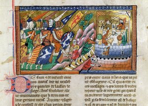 Fr 9084 f.53 Anglické vojsko útočí na hrad, z "Chronique de Guillaume de Tyr" (pergamen) od French School