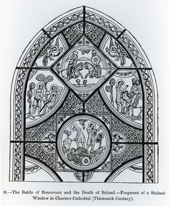Fragment vitráže v katedrále v Chartres, zobrazující bitvu u Roncevaux a smrt Rolanda, ilustrace z Vědy a literatury ve středověku a renesanci, spisovatel