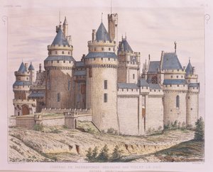 Francie, středověký hrad Pierrefonds, restaurována Violet le Duc z Moniteur des Architectes, rytina od French School